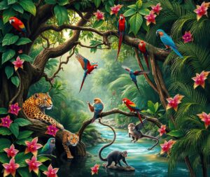A Vibrant Jungle Filled with Exotic Animals – free AI stock image