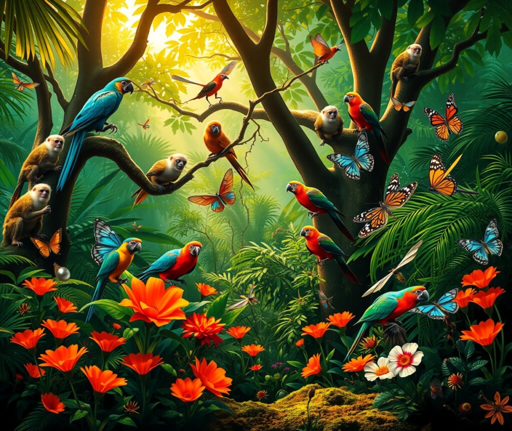 A Vibrant Jungle Scene with Colorful Creatures – free AI stock image