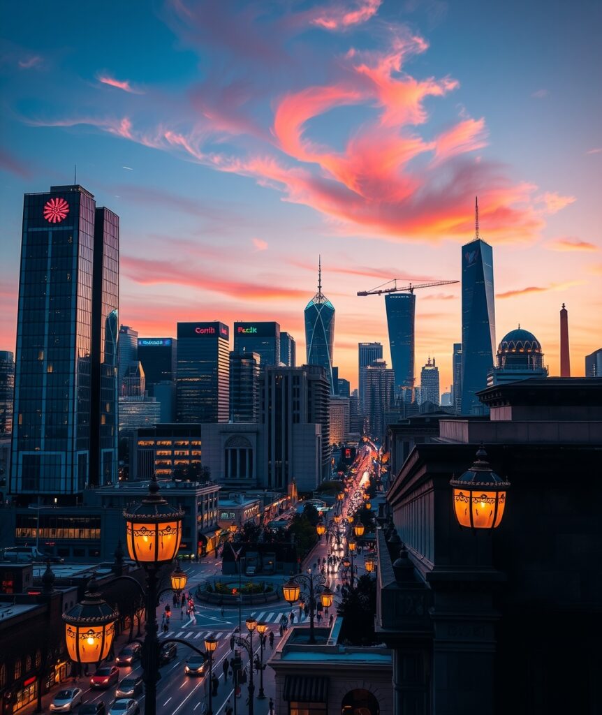 A Vibrant Urban Skyline at Dusk – free AI stock image