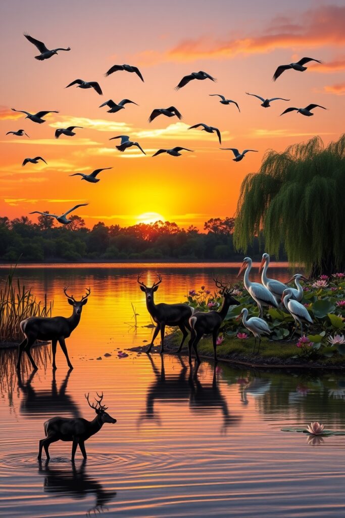 A Wildlife Gathering at Sunset – free AI stock image