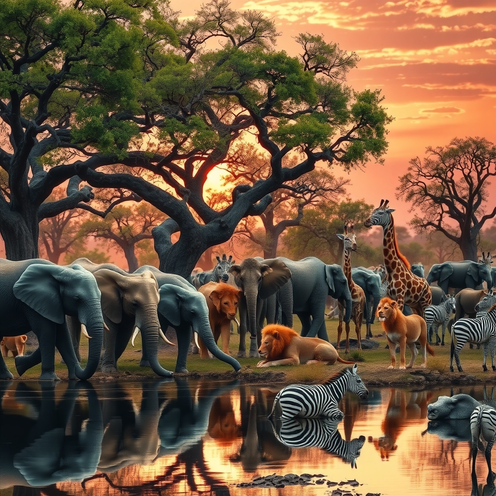 A Wildlife Gathering at the Waterhole – free AI stock image