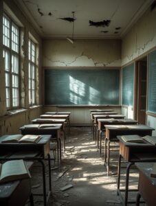 Abandoned Classroom with Dusty Desks – free AI stock image