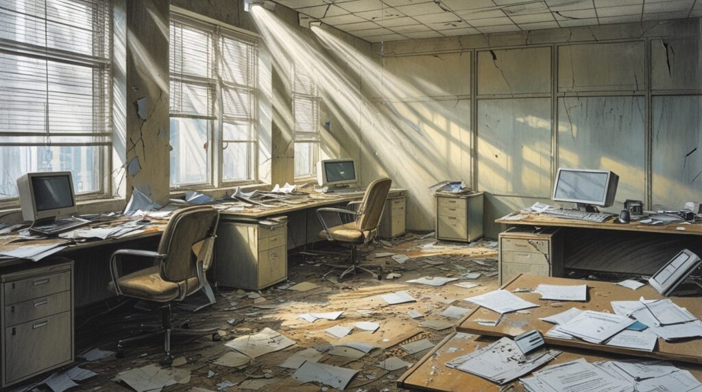 Abandoned Office Space with Faded Papers – free AI stock image