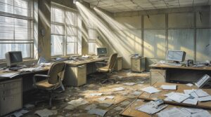 Abandoned Office Space with Faded Papers – free AI stock image