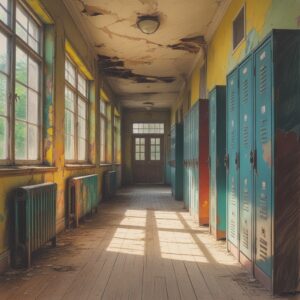 Abandoned School Hallway with Vintage Lockers – free AI stock image