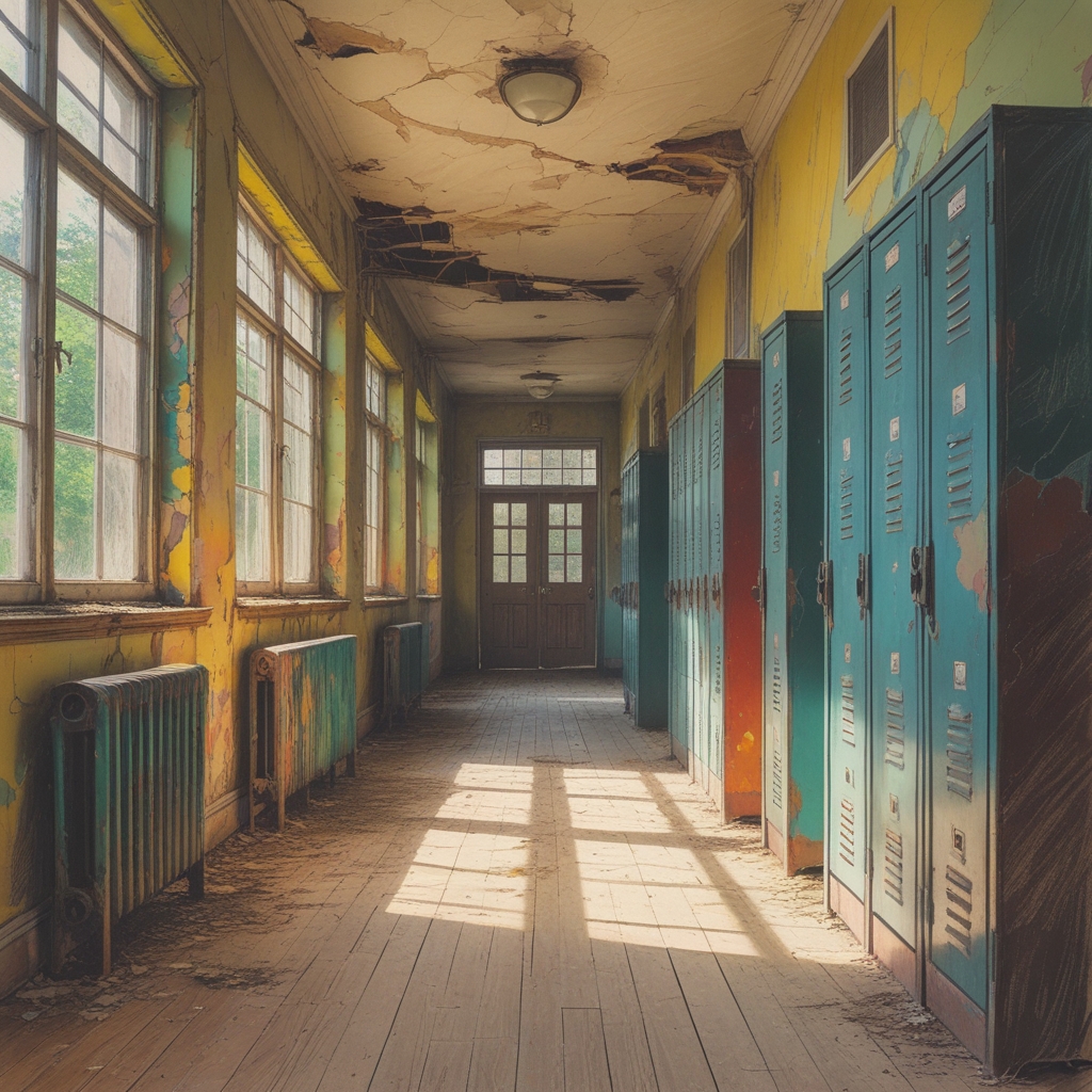 Abandoned School Hallway with Vintage Lockers – free AI stock image