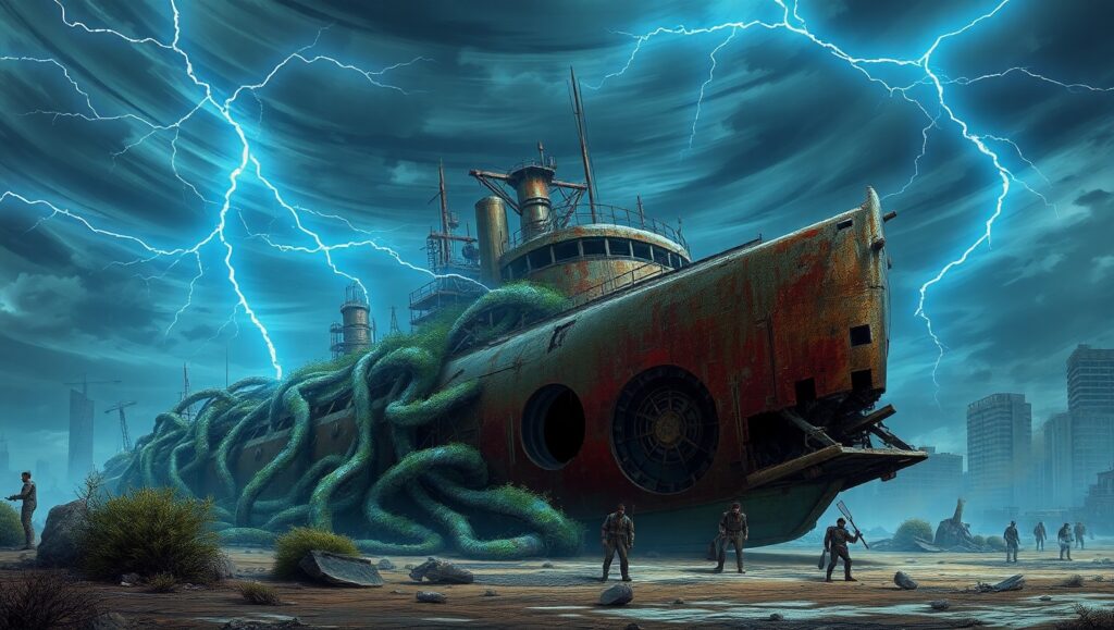 Abandoned Ship in Urban Ruins – free AI stock image