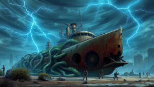 Abandoned Ship in Urban Ruins – free AI stock image