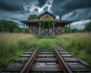Abandoned Train Station in Overgrown Landscape – free AI stock image