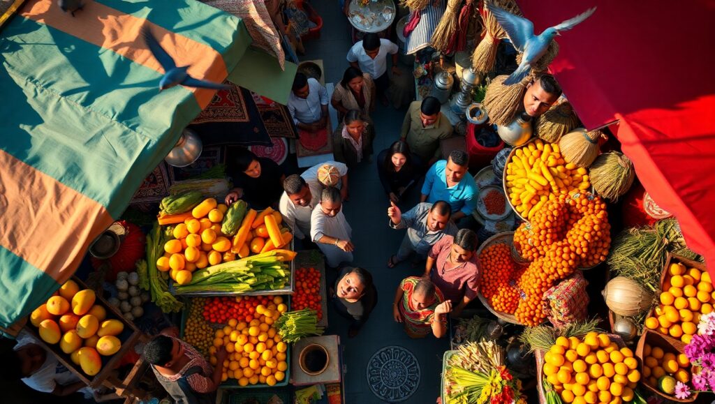 Above the Colorful Market Scene – free AI stock image