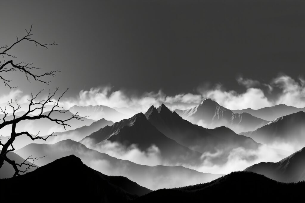Abstract Monochrome Landscape with Silhouettes – free AI stock image