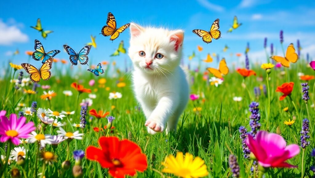 Adorable Kitten and Butterflies Adventure – free AI stock image