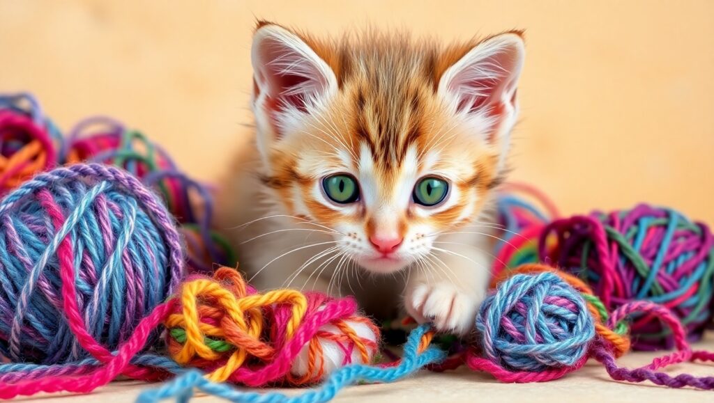 Adorable Kitten and Yarn Adventure – free AI stock image