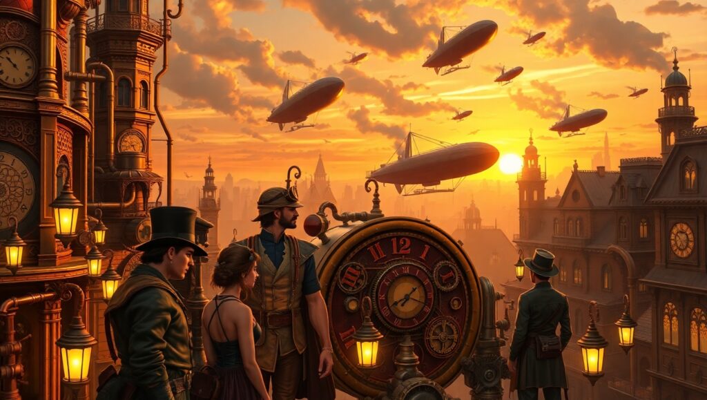 Adventurers in a Steampunk City – free AI stock image
