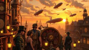 Adventurers in a Steampunk City – free AI stock image