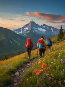 Adventurous Hikers Crossing a Mountain Path – free AI stock image