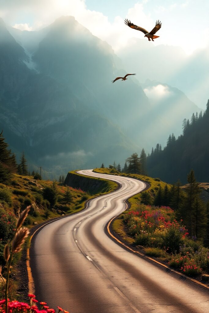 Adventurous Journey Through Misty Mountains – free AI stock image