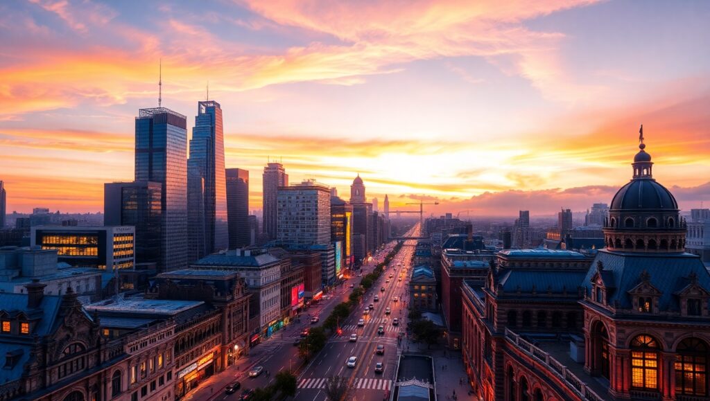 Aerial Cityscape at Dusk – free AI stock image
