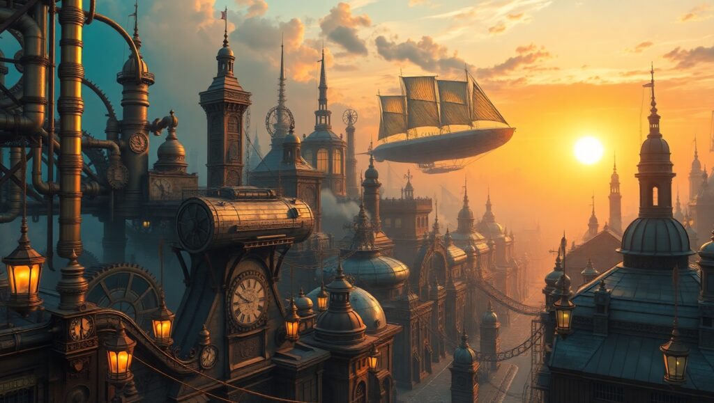 Aerial Wonders of a Steampunk City – free AI stock image