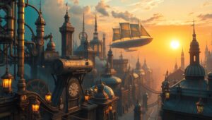 Aerial Wonders of a Steampunk City – free AI stock image