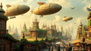 Airships Over a Clockwork City – free AI stock image