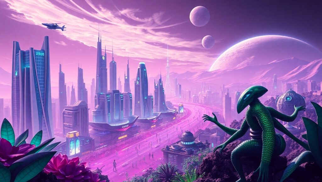 Alien City Under Purple Skies – free AI stock image
