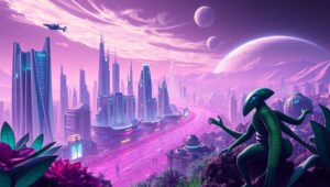 Alien City Under Purple Skies – free AI stock image