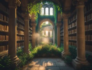 Ancient Library Surrounded by Nature – free AI stock image