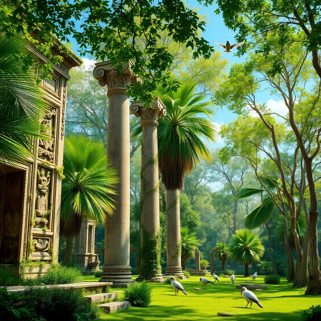 Ancient Ruins Surrounded by Lush Greenery – free AI stock image