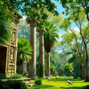 Ancient Ruins Surrounded by Lush Greenery – free AI stock image