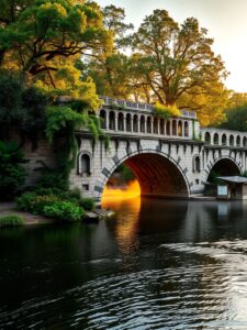 Ancient Stone Bridge Over Serene River – free AI stock image