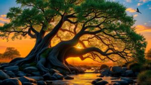 Ancient Tree at Sunset – free AI stock image