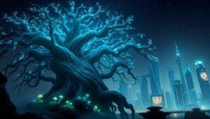 Ancient Tree Meets Futuristic City – free AI stock image