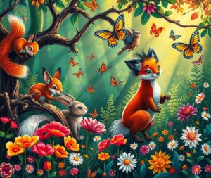 Animated Forest Scene with Playful Animals – free AI stock image