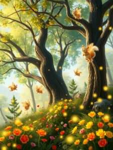 Animated Forest Scene with Playful Creatures – free AI stock image