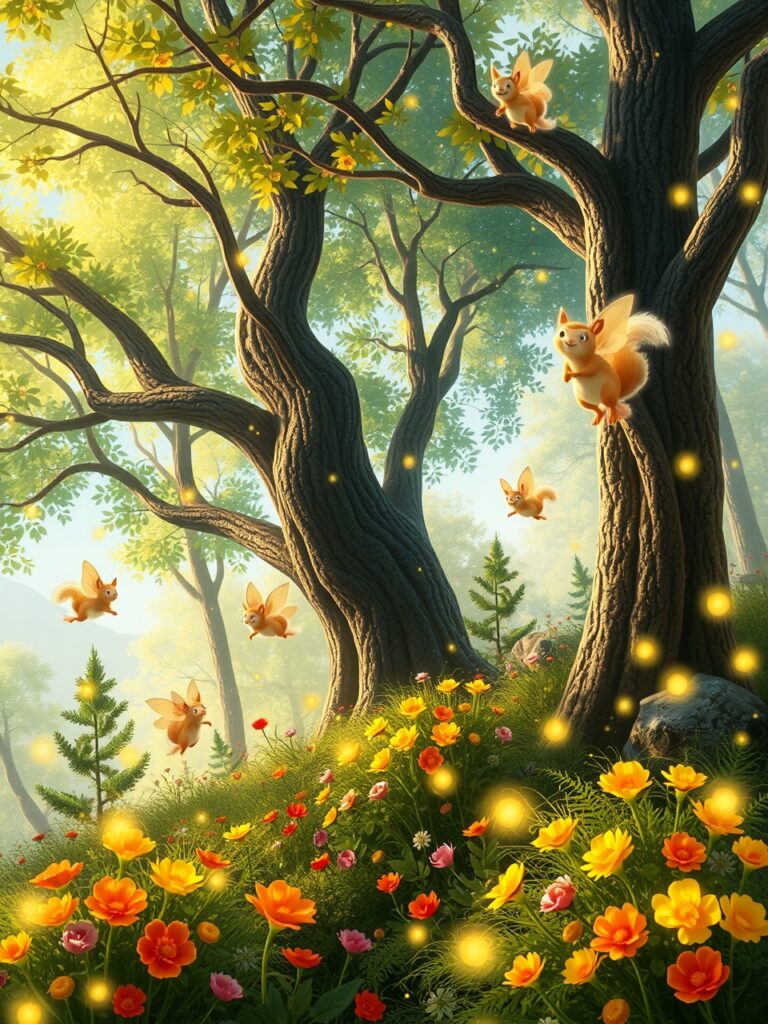 Animated Forest Scene with Playful Creatures – free AI stock image