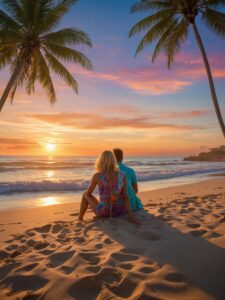 Animated Friends Enjoying a Beach Sunset – free AI stock image