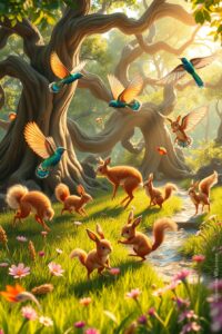 Animated Nature Scene with Dancing Animals – free AI stock image