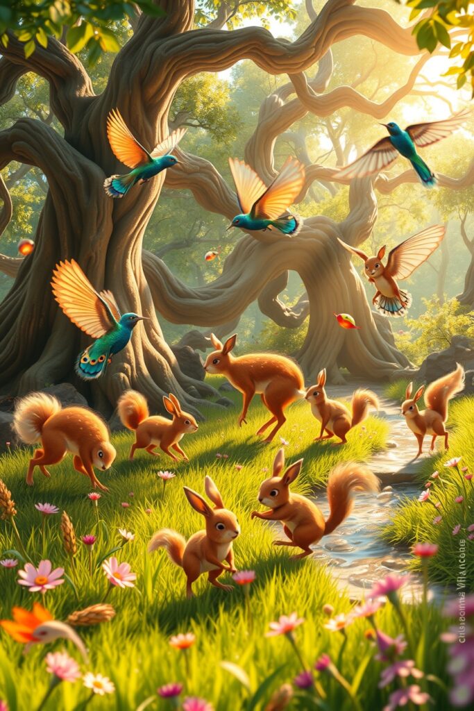 Animated Nature Scene with Dancing Animals – free AI stock image