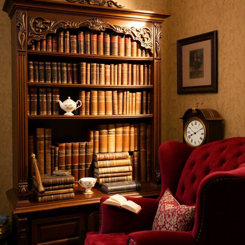 Antique Bookshelf with Vintage Decor – free AI stock image
