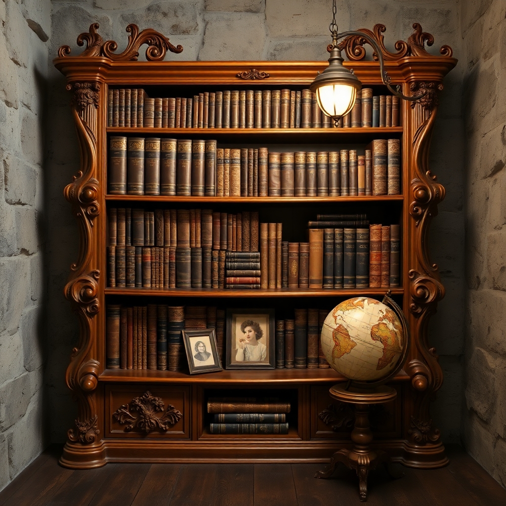 Antique Bookshelf with Vintage Decor – free AI stock image