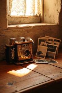Antique Camera on Vintage Wooden Table – free AI stock image