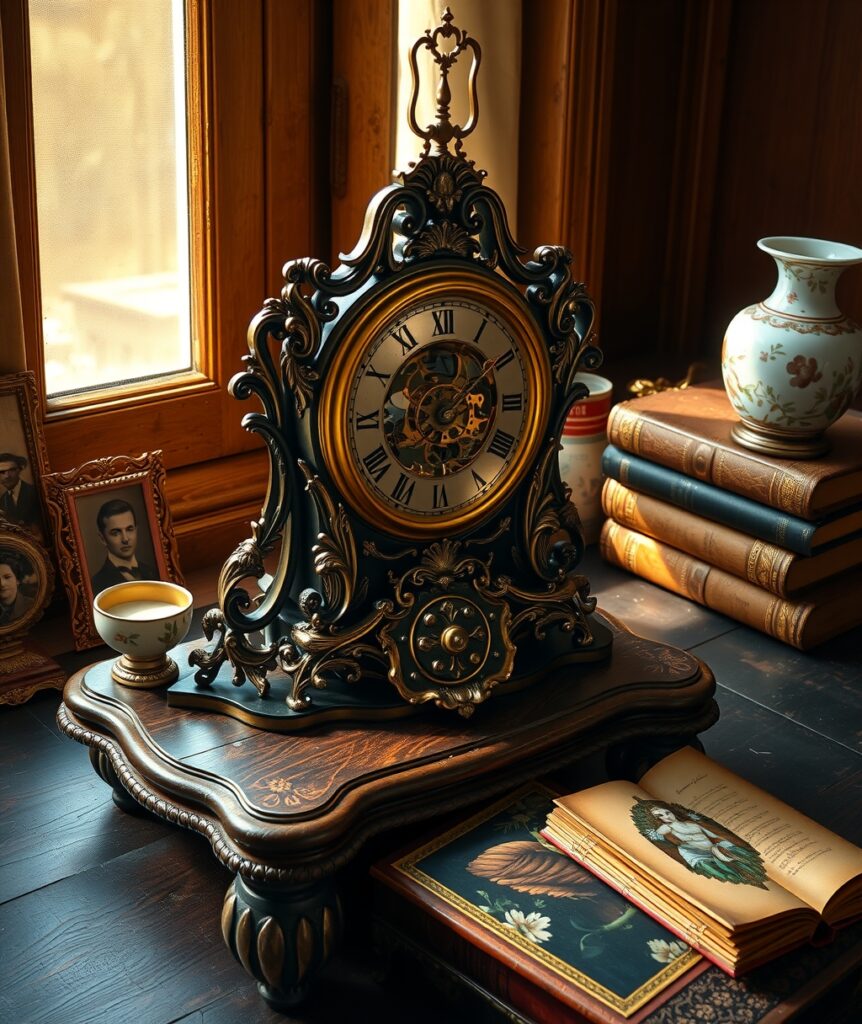 Antique Clock on Distressed Wooden Table – free AI stock image
