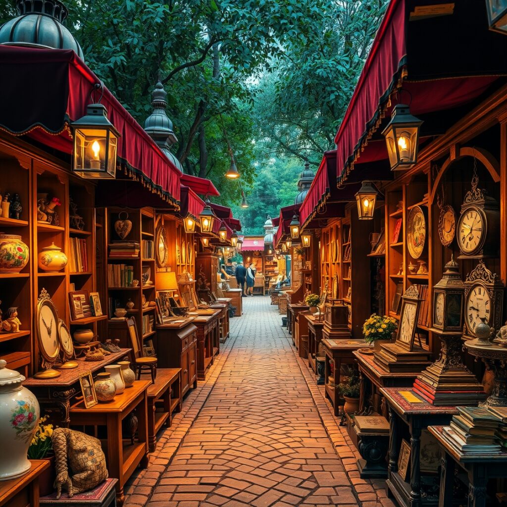 Antique Market Stalls Under Soft Lighting – free AI stock image