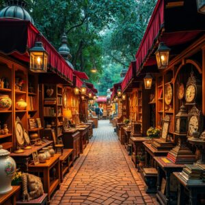 Antique Market Stalls Under Soft Lighting – free AI stock image