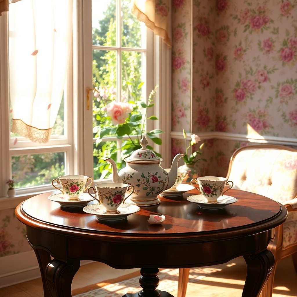 Antique Tea Set on Wooden Table – free AI stock image