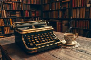 Antique Typewriter and Vintage Bookshelf – free AI stock image