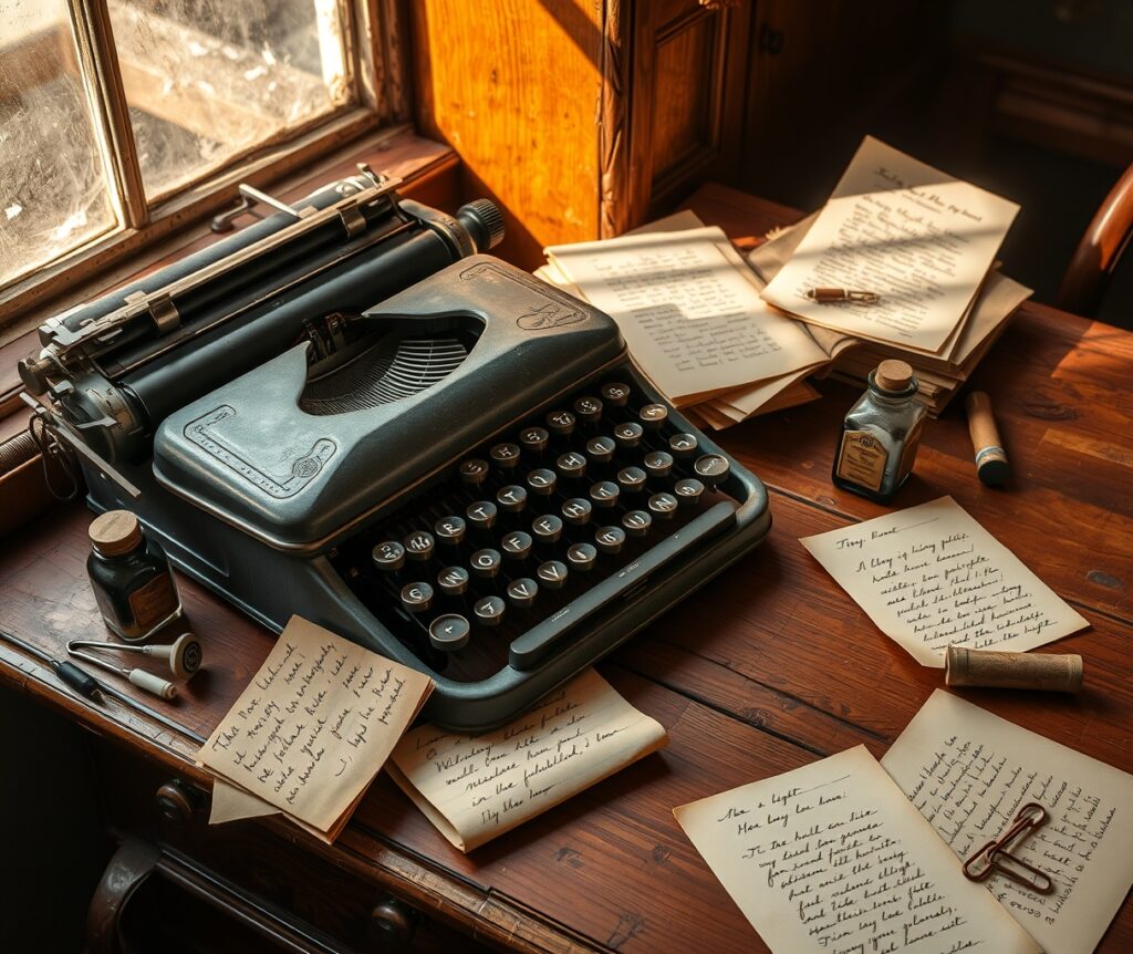 Antique Typewriter on Rustic Wooden Desk – free AI stock image