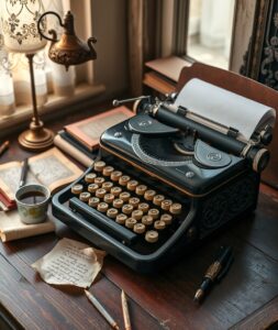 Antique Typewriter on Vintage Desk – free AI stock image