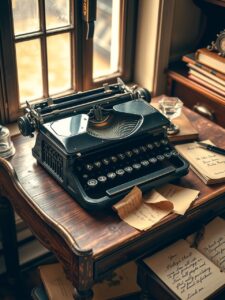 Antique Typewriter on Weathered Desk – free AI stock image